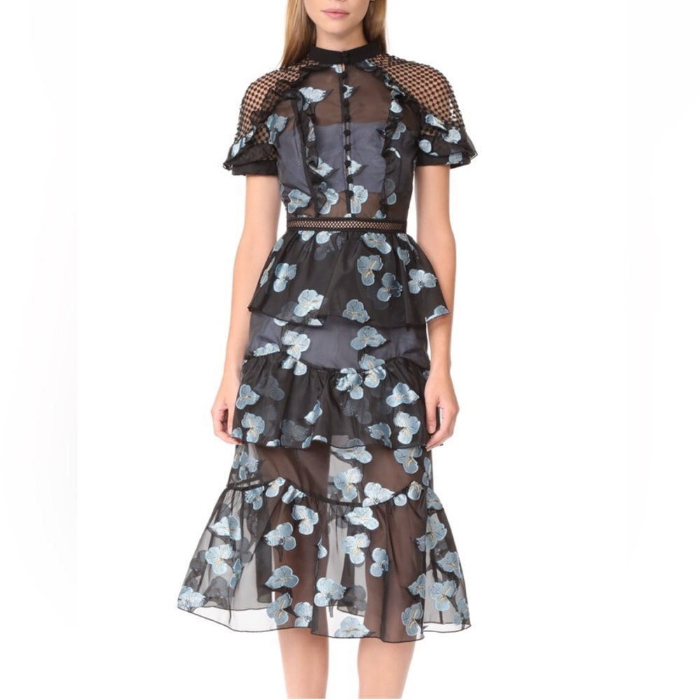 Self-Portrait Black & Blue Floral Fil Coupe Cape Detail Tiered Midi Dress 6 - Picture 3 of 14